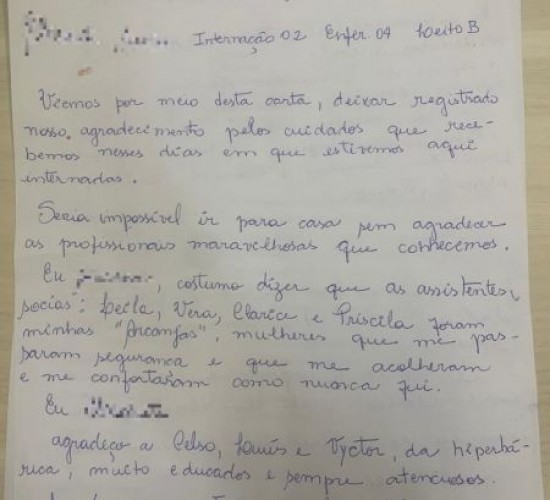 Paciente vítima de violência doméstica envia carta de agradecimento à equipe do HMC